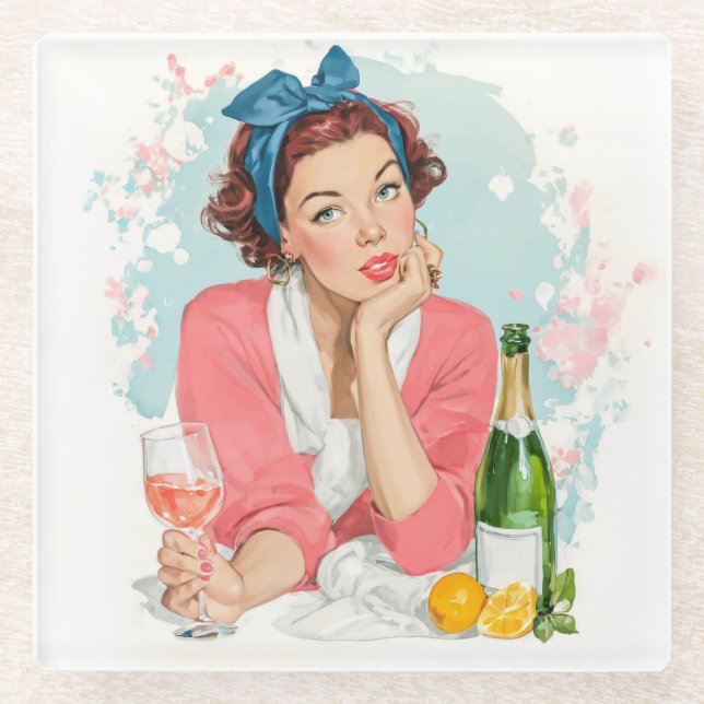 Vintage Girl with Pink Champagne Glasuntersetzer (Vorderseite)