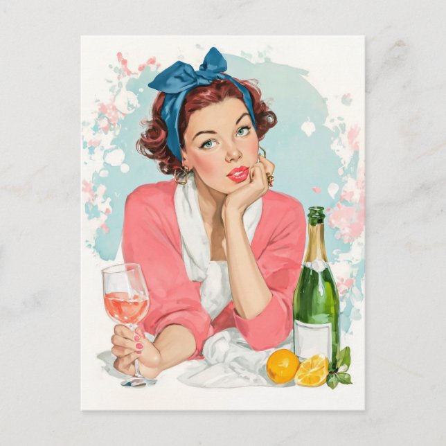 Vintage Girl with Pink Champagne Postkarte (Vorderseite)