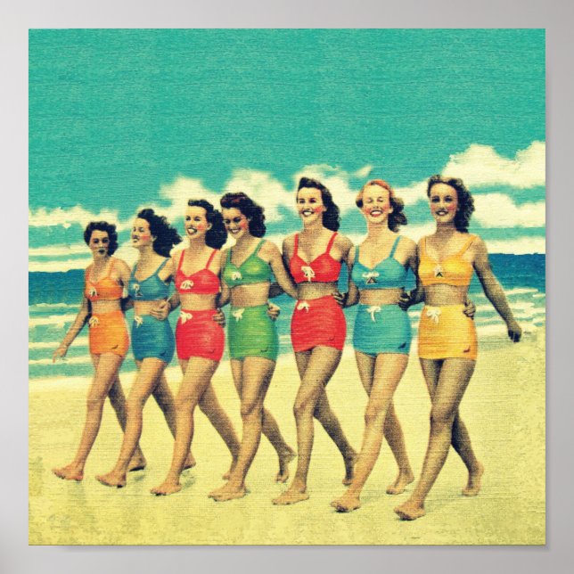 Vintage Girls laufen den Strand hinunter Poster (Vorne)