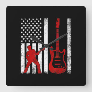 Vintage-Gitarrist Amerikanische USA-Flagge Gitarre Quadratische Wanduhr