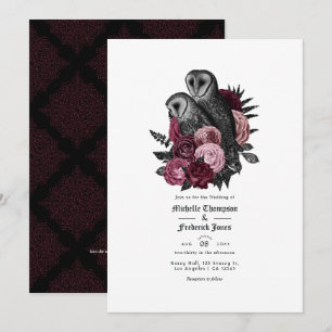 Vintage Glam Bordeaux-Eulen Gothic Hochzeits-QR-Co Einladung