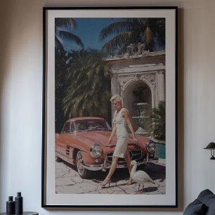 Vintage Glamour: Chic Woman und Classic Car Poster