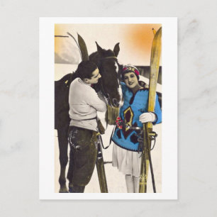 Vintage Glamour Girl - Liebt Skifahren & Pferde Postkarte