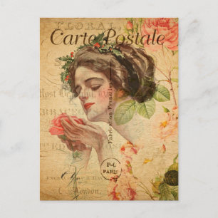 Vintage glamouröse Dame Frau Rose Blumen französis Postkarte