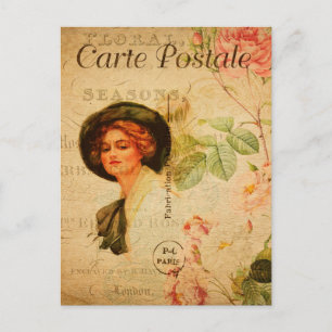 Vintage glamouröse Dame Frau Rose floral französis Postkarte