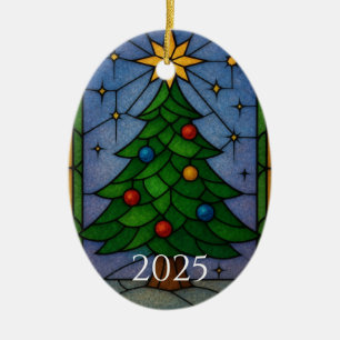 Vintage Glasmalerei Weihnachtsbaum Kunstwerk  Keramik Ornament