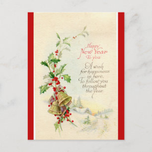 Vintage Glocken und Beeren Frohes Neues Jahr Postkarte