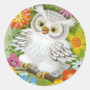 Vintage glückliche Eule in Blumen Runder Aufkleber