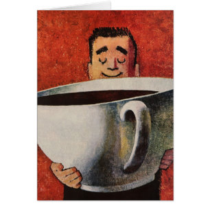Vintage glücklicher Mann trinkt riesige Tasse Kaff