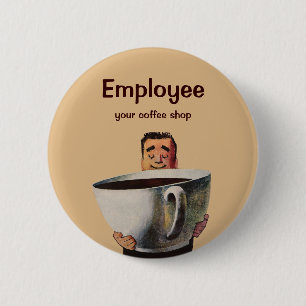 Vintage glücklicher Mann trinkt riesige Tasse Kaff Button
