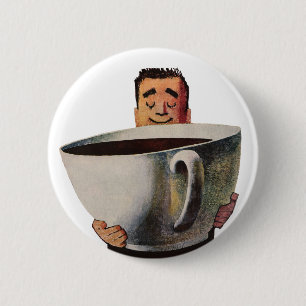 Vintage glücklicher Mann trinkt riesige Tasse Kaff Button