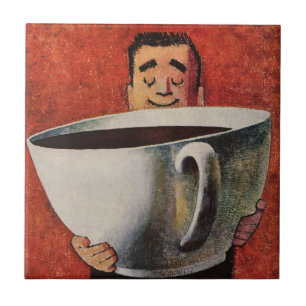 Vintage glücklicher Mann trinkt riesige Tasse Kaff Fliese