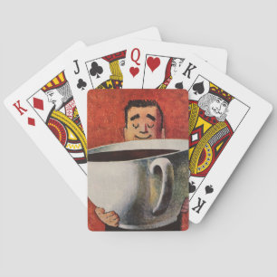 Vintage glücklicher Mann trinkt riesige Tasse Kaff Spielkarten