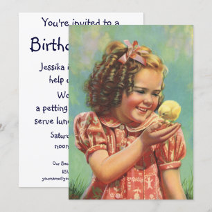 Vintage glückliches Mädchen mit Baby-Küken Geburts Einladung