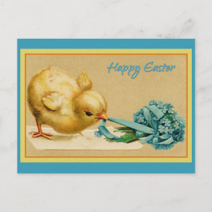 Vintage glückliches Osterküken mit blauen Blumen Postkarte