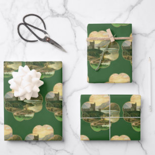 Vintage Glücksklee mit irischer Burg Geschenkpapier Set