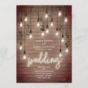 Vintage Glühbirnen Neon Sign Wood Wedding Einladung