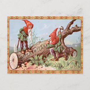 Vintage-Gnom-Zwerge schnitzen "Frohes Neues Jahr"- Postkarte