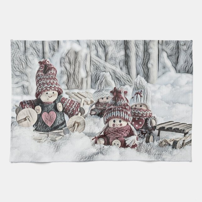 Vintage Gnome im Schnee zeichnend Geschirrtuch (Horizontal)