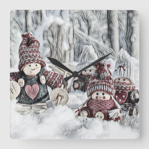 Vintage Gnome im Schnee zeichnend Quadratische Wanduhr