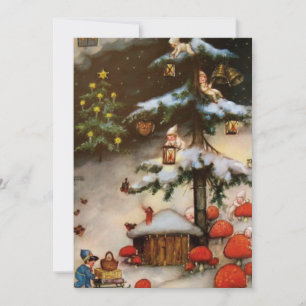 Vintage-Gnome-Pixies in Baum Pilz Feiertagskarte
