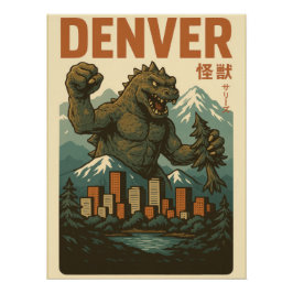 Vintage Godzilla-Style Kaiju Denver City Art Print Poster