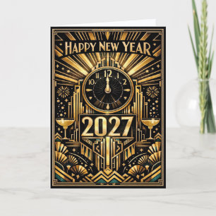 Vintage Gold Art Deco Neujahr 2027 Feiertagskarte