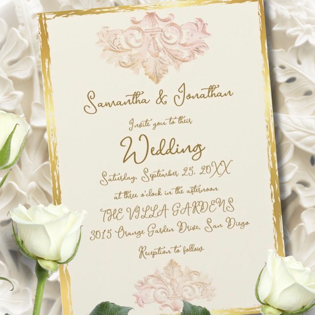 Vintage Gold Baroque Wedding Elegance Einladung (Elegant baroque wedding invitation framed in gold, featuring soft blush scrolls and timeless romance)
