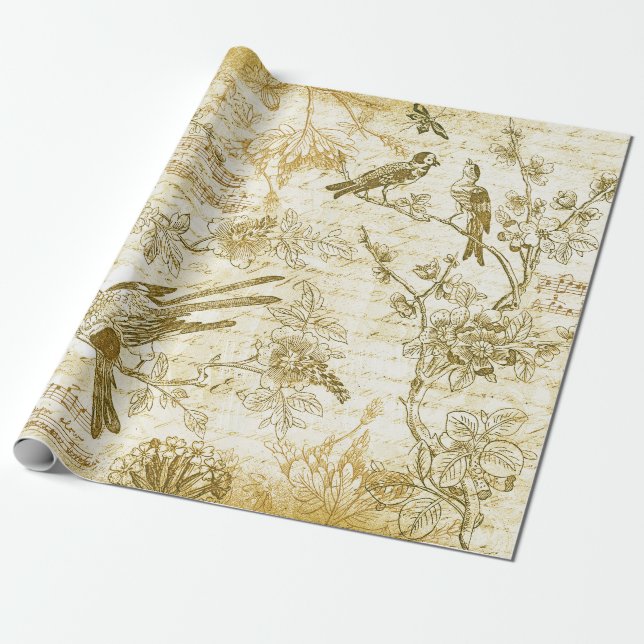 Vintage Gold Beige Birds Blume Französisch Script Geschenkpapier (Ungerollt)