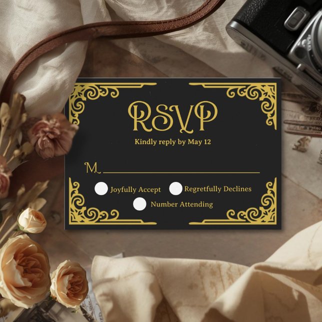  Vintage Gold Black Wedding  RSVP Karte (Cinematic Vintage Gold Black Wedding RSVP Card)