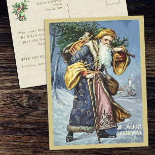 Vintage Gold Blau Weihnachtsmann Baum und Spielzeu Feiertagspostkarte