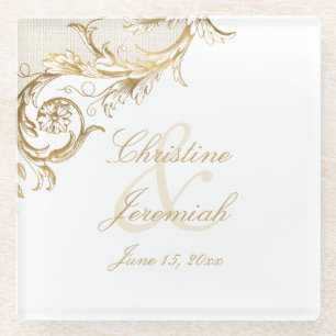 Vintage-Gold-Blumen-Damask-Schrift-Namen-Hochzeit Glasuntersetzer