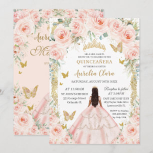 Vintage Gold Blush Pink Blumenkleid Quinceañera Einladung