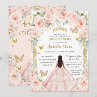Vintage Gold Blush Pink Blumenkleid Quinceañera Einladung