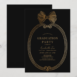 Vintage Gold Bow Ribbon Black Graduation Party Einladung