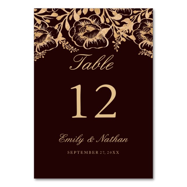 Vintage Gold Burgund Tischnummer Cards (Vorderseite)