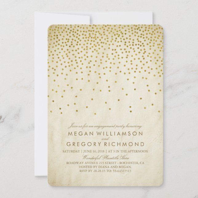 Vintage Gold Confetti-Engagement-Partei Einladung (Vorderseite)