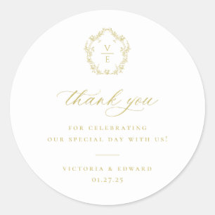 Vintage Gold Crest Monogram Hochzeit Danke Runder Aufkleber