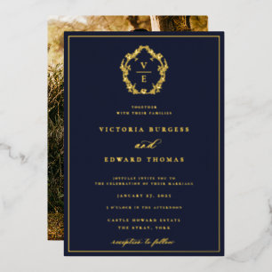 Vintage Gold Crest Monogram Hochzeitsfoto Folieneinladung