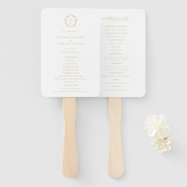 Vintage Gold Crest Monogramm Hochzeitsprogramm Fächer (Vorne und Hinten)