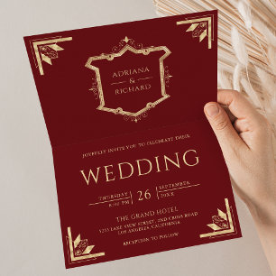 Vintage Gold Crest QR-Code Marine Rot Hochzeit Einladung