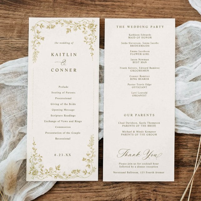 Vintage Gold & Elfenbein-Creme-Blumen-Hochzeit im  Programm (Ivory cream wedding program with Victorian floral and toile de jouy design)
