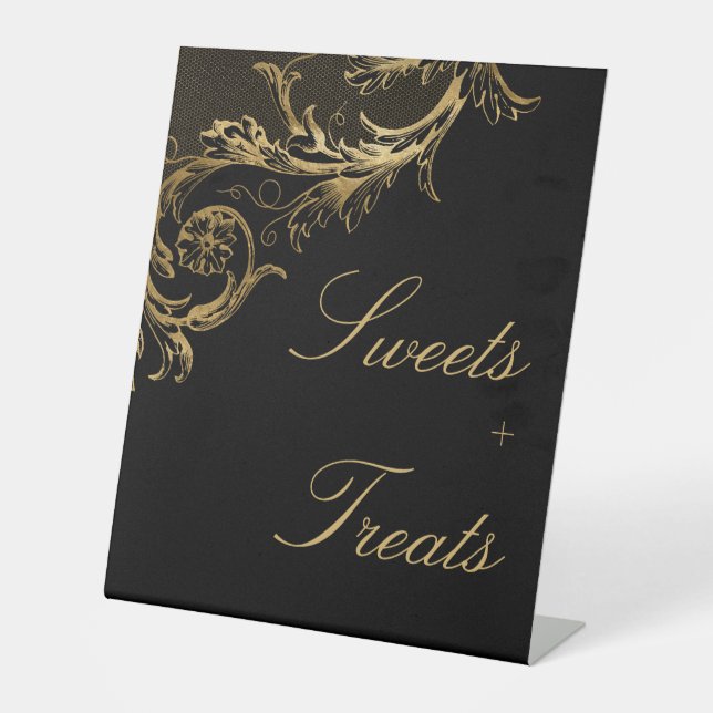 Vintage Gold Floral Damask Süßigkeiten Leckereien  Sockelschild (Vorderseite)