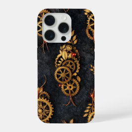 Vintage Gold Gears & Red Neon Mythic Cyberpunk iPhone 15 Pro Hülle