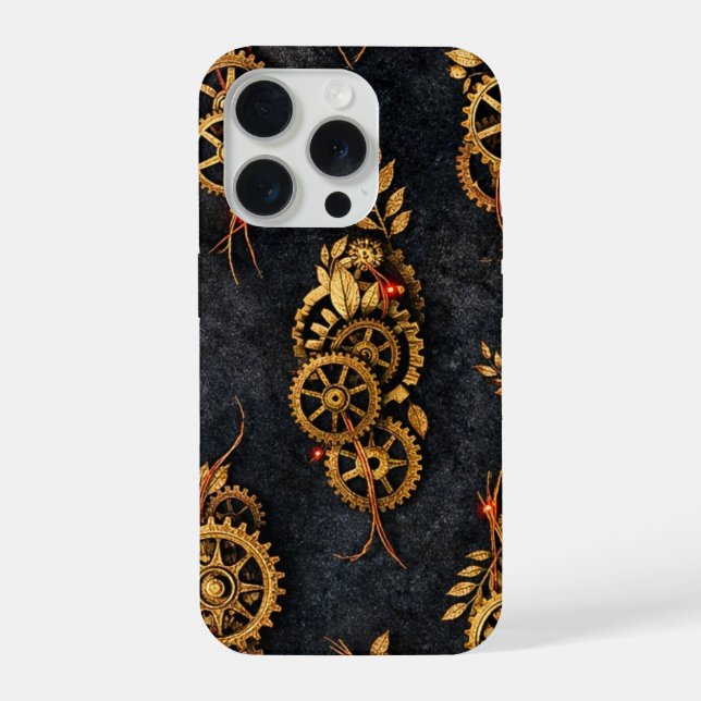 Vintage Gold Gears & Red Neon Mythic Cyberpunk iPhone Hülle (Rückseite)