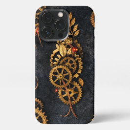 Vintage Gold Gears & Red Neon Mythic Cyberpunk iPhone 13 Pro Hülle