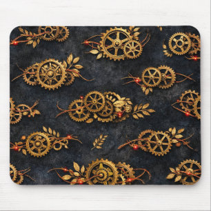 Vintage Gold Gears & Red Neon Mythic Cyberpunk Mousepad