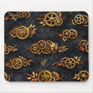 Vintage Gold Gears & Red Neon Mythic Cyberpunk Mousepad