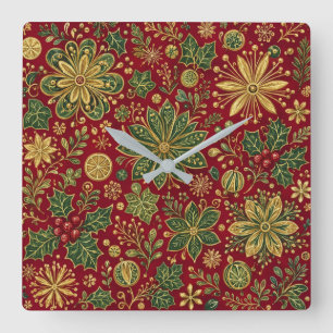 Vintage Gold Grüner Stechpalmen-Weihnachts-Botanik Quadratische Wanduhr