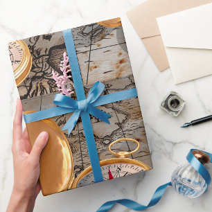 Vintage Gold Kompass auf antiker Piratenkarte Geschenkpapier